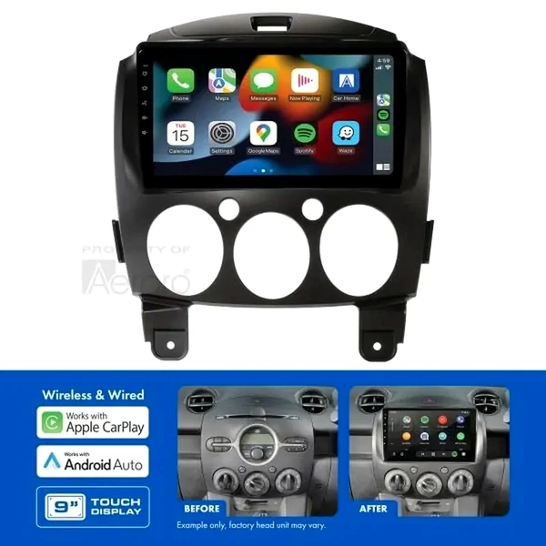 Aerpro AMMZ19 9" Wireless Apple CarPlay Android Auto Head Unit fits Mazda 2 2007-2011 No SWC