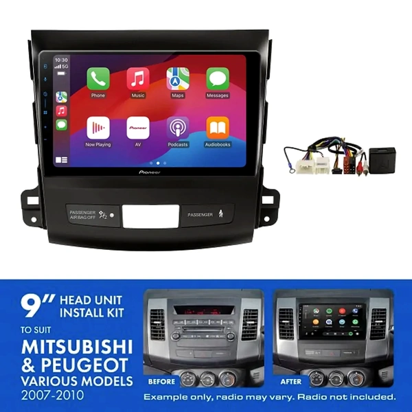 Pioneer DMH-AP6650BT 9" Trapezoid Head Unit Wireless CarPlay Android Auto + AKMB10 Install Kit Fits Mitsubishi Peugeot 2007-2010