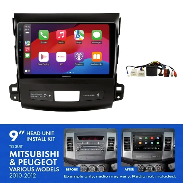 Pioneer DMH-AP6650BT 9" Trapezoid Head Unit Wireless CarPlay Android Auto + AKMB11 Install Kit Fits Mitsubishi Peugeot 2010-2012