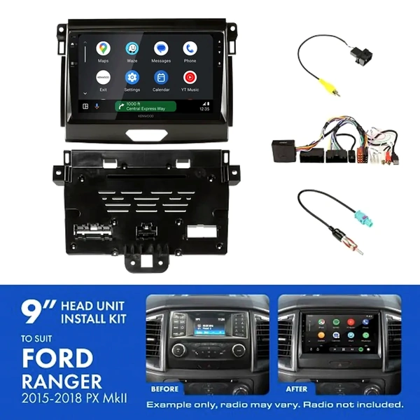 Kenwood DMX80AXS 9" Trapezoid Head Unit Wireless CarPlay Android Auto + AKFO3 Install Kit Fits Ford ranger 2015-2018