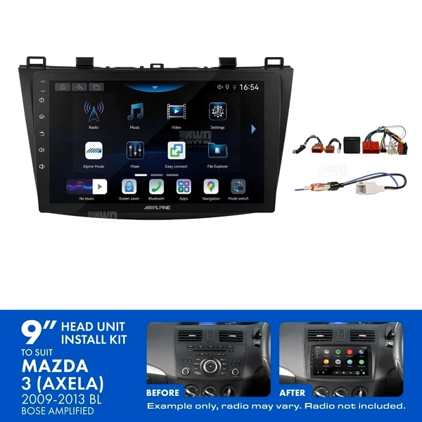 Alpine INE-AW409S + Aerpro AKMZ5 Bundle 9" Trapezoid Head Unit with Install Kit Fits Mazda 3 2009-2013 bose amplified