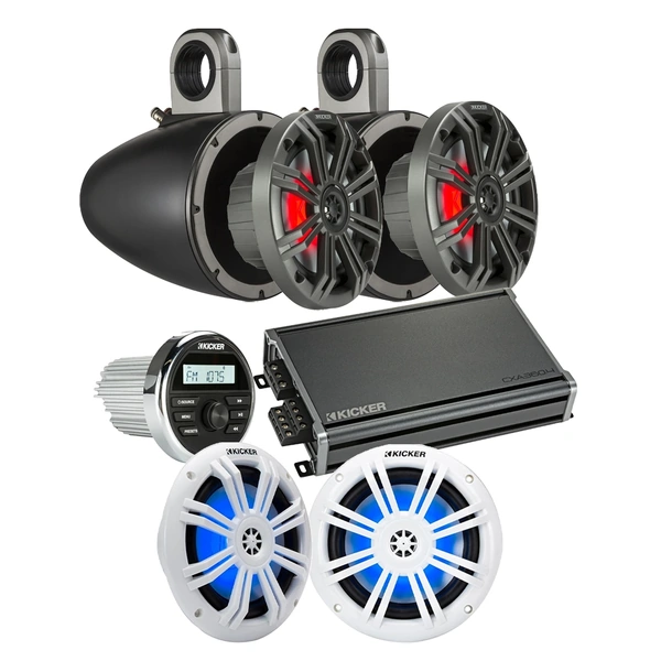 Kicker Marine Audio Bundle 6.5" Enclosures, KM654L & KM604WL Speakers, KMC2 Media Centre, CXA360.4 Amplifier