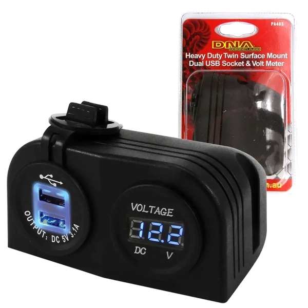 DNA Audio PA403 Heavy Duty Twin Surface Mount Dual USB Socket & Volt Meter